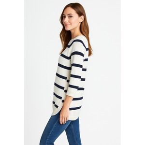 Cathy Daniels Womens Sweater White Navy Striped 3/4 Sleeve Small Button Casual
